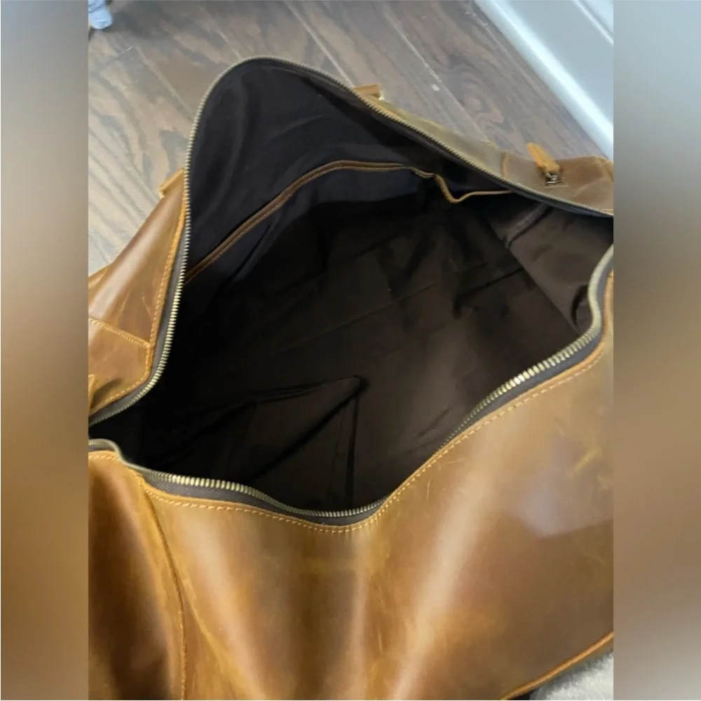 COGNAC LEATHER WEEKEND TRAVEL DUFFLE BAG LARGE